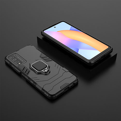 Silicone Matte Finish and Plastic Back Cover Case with Magnetic Finger Ring Stand for Huawei Honor 10X Lite Black