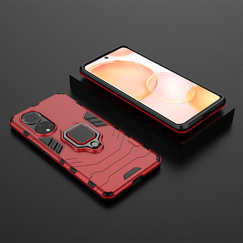 Silicone Matte Finish and Plastic Back Cover Case with Magnetic Finger Ring Stand for Huawei Honor 50 5G Red