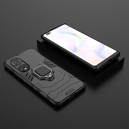 Silicone Matte Finish and Plastic Back Cover Case with Magnetic Finger Ring Stand for Huawei Honor 50 Pro 5G Black