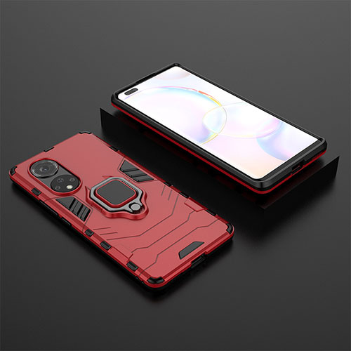 Silicone Matte Finish and Plastic Back Cover Case with Magnetic Finger Ring Stand for Huawei Honor 50 Pro 5G Red