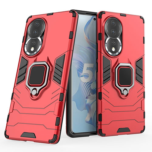 Silicone Matte Finish and Plastic Back Cover Case with Magnetic Finger Ring Stand for Huawei Honor 80 5G Red