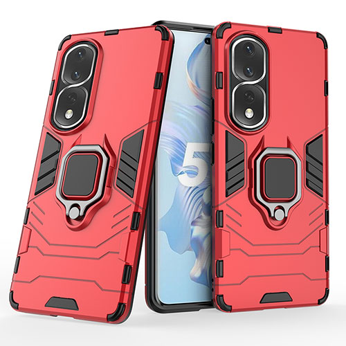 Silicone Matte Finish and Plastic Back Cover Case with Magnetic Finger Ring Stand for Huawei Honor 80 Pro Flat 5G Red