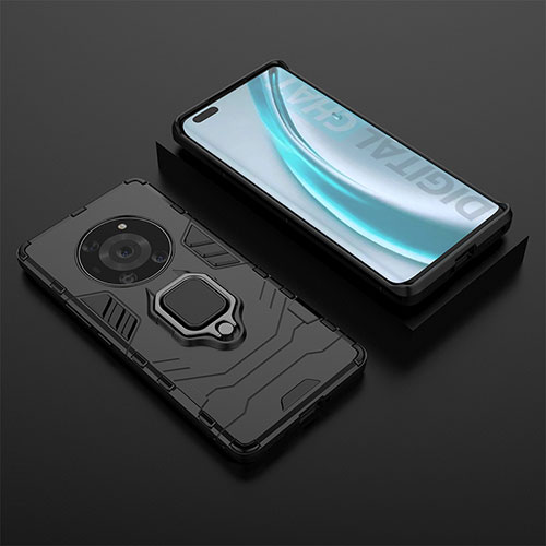 Silicone Matte Finish and Plastic Back Cover Case with Magnetic Finger Ring Stand for Huawei Honor Magic3 Pro 5G Black