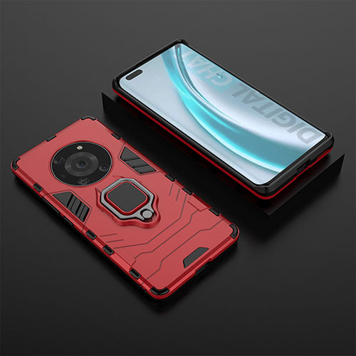 Silicone Matte Finish and Plastic Back Cover Case with Magnetic Finger Ring Stand for Huawei Honor Magic3 Pro 5G Red