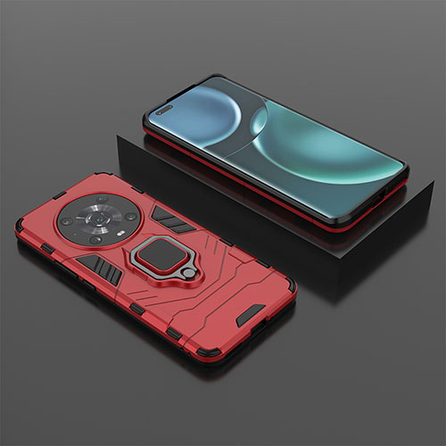 Silicone Matte Finish and Plastic Back Cover Case with Magnetic Finger Ring Stand for Huawei Honor Magic4 Pro 5G Red