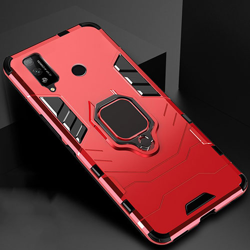 Silicone Matte Finish and Plastic Back Cover Case with Magnetic Finger Ring Stand for Huawei Honor Play4T Red