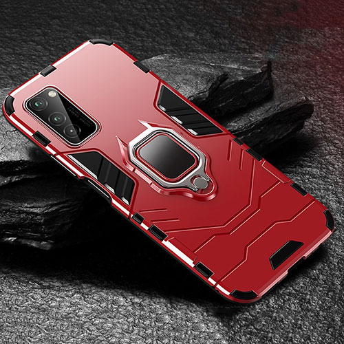 Silicone Matte Finish and Plastic Back Cover Case with Magnetic Finger Ring Stand for Huawei Honor V30 5G Red