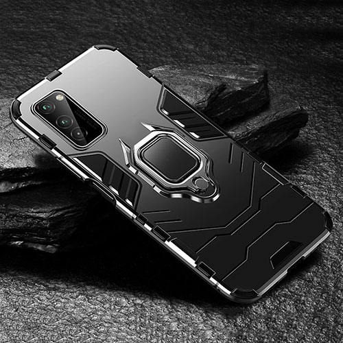 Silicone Matte Finish and Plastic Back Cover Case with Magnetic Finger Ring Stand for Huawei Honor V30 Pro 5G Black