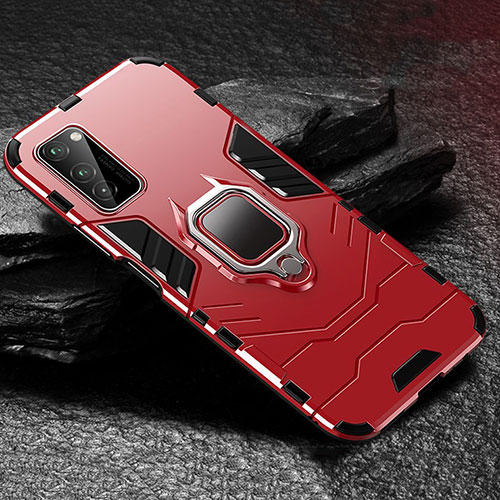 Silicone Matte Finish and Plastic Back Cover Case with Magnetic Finger Ring Stand for Huawei Honor V30 Pro 5G Red