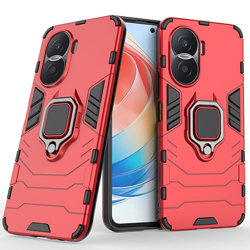 Silicone Matte Finish and Plastic Back Cover Case with Magnetic Finger Ring Stand for Huawei Honor X40i 5G Red