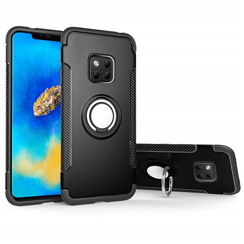 Silicone Matte Finish and Plastic Back Cover Case with Magnetic Finger Ring Stand for Huawei Mate 20 Pro Black