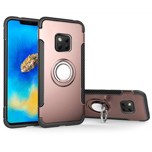 Silicone Matte Finish and Plastic Back Cover Case with Magnetic Finger Ring Stand for Huawei Mate 20 Pro Rose Gold