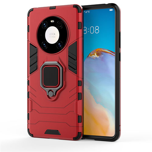 Silicone Matte Finish and Plastic Back Cover Case with Magnetic Finger Ring Stand for Huawei Mate 40 Red