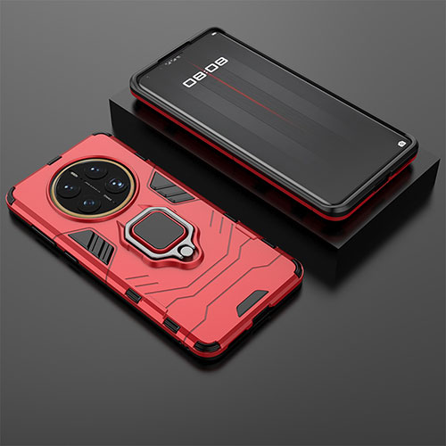 Silicone Matte Finish and Plastic Back Cover Case with Magnetic Finger Ring Stand for Huawei Mate 50 Pro Red