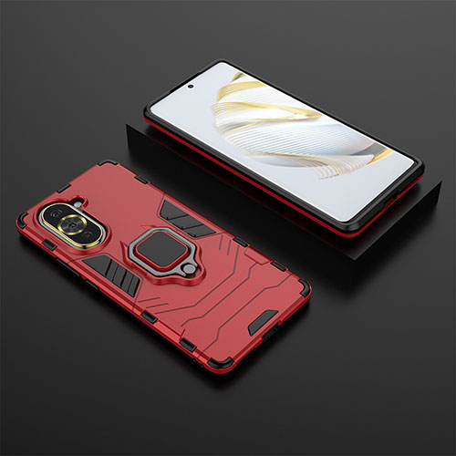 Silicone Matte Finish and Plastic Back Cover Case with Magnetic Finger Ring Stand for Huawei Nova 10 Red