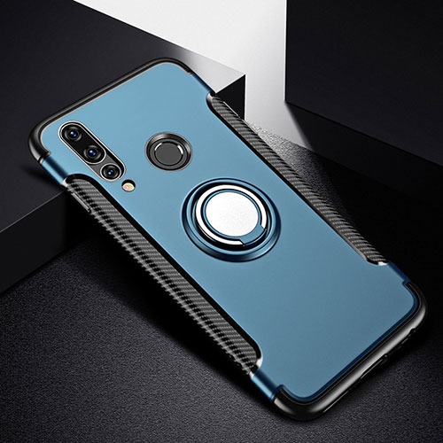 Silicone Matte Finish and Plastic Back Cover Case with Magnetic Finger Ring Stand for Huawei Nova 4e Blue