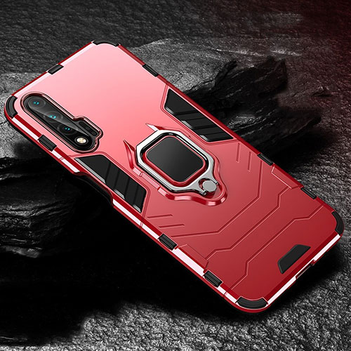 Silicone Matte Finish and Plastic Back Cover Case with Magnetic Finger Ring Stand for Huawei Nova 6 5G Red