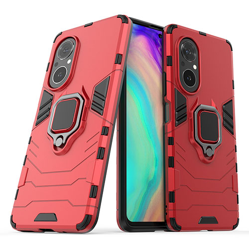 Silicone Matte Finish and Plastic Back Cover Case with Magnetic Finger Ring Stand for Huawei Nova 9 SE Red