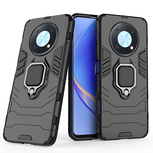 Silicone Matte Finish and Plastic Back Cover Case with Magnetic Finger Ring Stand for Huawei Nova Y90 Black