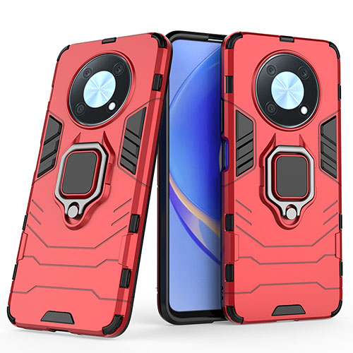 Silicone Matte Finish and Plastic Back Cover Case with Magnetic Finger Ring Stand for Huawei Nova Y90 Red