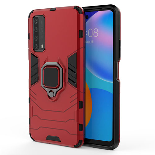 Silicone Matte Finish and Plastic Back Cover Case with Magnetic Finger Ring Stand for Huawei P Smart (2021) Red