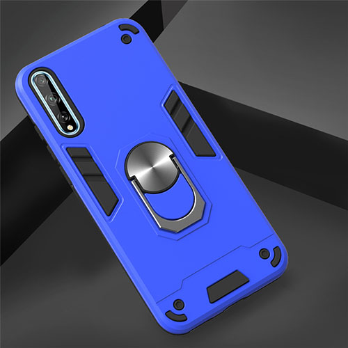 Silicone Matte Finish and Plastic Back Cover Case with Magnetic Finger Ring Stand for Huawei P smart S Blue