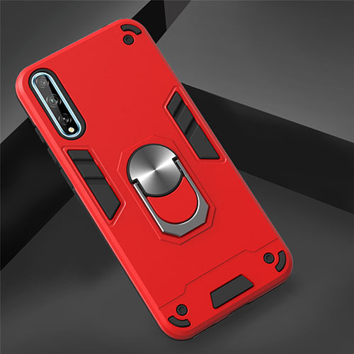 Silicone Matte Finish and Plastic Back Cover Case with Magnetic Finger Ring Stand for Huawei P smart S Red