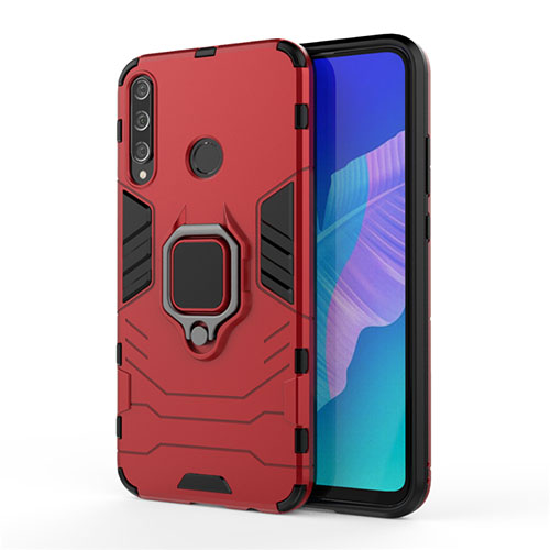 Silicone Matte Finish and Plastic Back Cover Case with Magnetic Finger Ring Stand for Huawei P40 Lite E Red