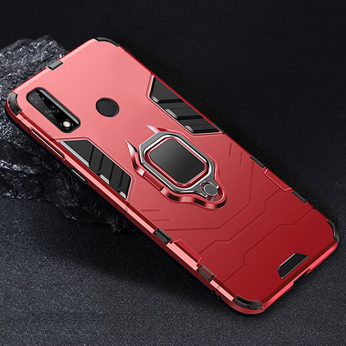 Silicone Matte Finish and Plastic Back Cover Case with Magnetic Finger Ring Stand for Huawei Y8s Red