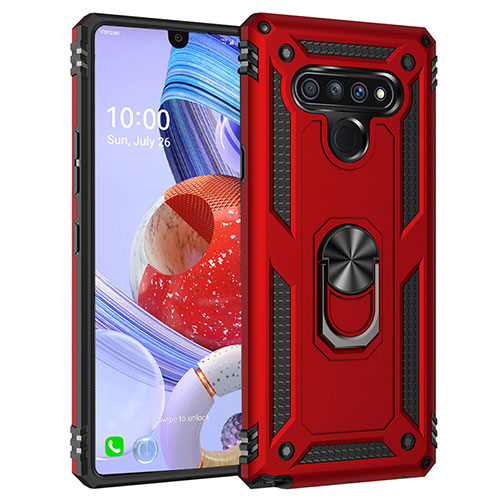 Silicone Matte Finish and Plastic Back Cover Case with Magnetic Finger Ring Stand for LG Stylo 6 Red