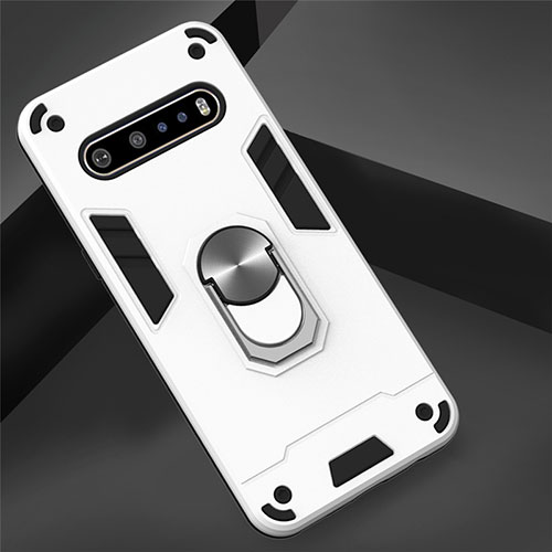 Silicone Matte Finish and Plastic Back Cover Case with Magnetic Finger Ring Stand for LG V60 ThinQ 5G White