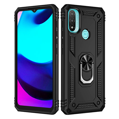 Silicone Matte Finish and Plastic Back Cover Case with Magnetic Finger Ring Stand for Motorola Moto E20 Black