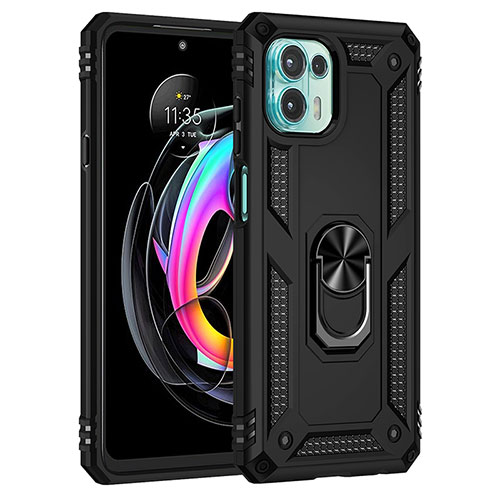 Silicone Matte Finish and Plastic Back Cover Case with Magnetic Finger Ring Stand for Motorola Moto Edge 20 Lite 5G Black