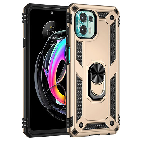 Silicone Matte Finish and Plastic Back Cover Case with Magnetic Finger Ring Stand for Motorola Moto Edge 20 Lite 5G Gold