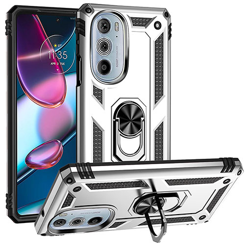 Silicone Matte Finish and Plastic Back Cover Case with Magnetic Finger Ring Stand for Motorola Moto Edge 30 Pro 5G Silver