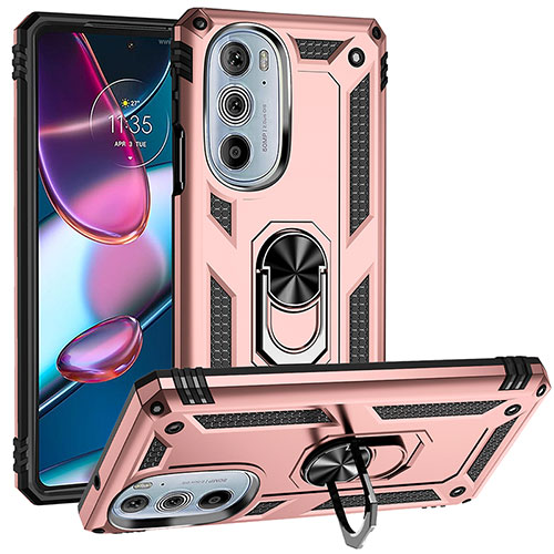 Silicone Matte Finish and Plastic Back Cover Case with Magnetic Finger Ring Stand for Motorola Moto Edge X30 5G Rose Gold