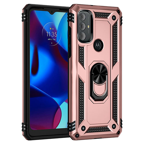 Silicone Matte Finish and Plastic Back Cover Case with Magnetic Finger Ring Stand for Motorola Moto G Play Gen 2 Rose Gold