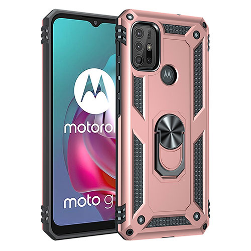 Silicone Matte Finish and Plastic Back Cover Case with Magnetic Finger Ring Stand for Motorola Moto G10 Rose Gold