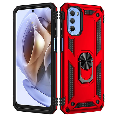 Silicone Matte Finish and Plastic Back Cover Case with Magnetic Finger Ring Stand for Motorola Moto G41 Red