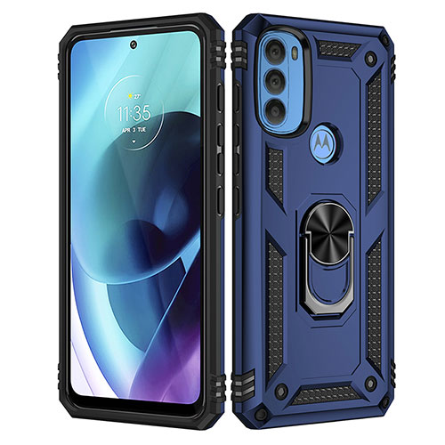 Silicone Matte Finish and Plastic Back Cover Case with Magnetic Finger Ring Stand for Motorola Moto G71 5G Blue