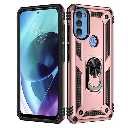 Silicone Matte Finish and Plastic Back Cover Case with Magnetic Finger Ring Stand for Motorola Moto G71 5G Rose Gold