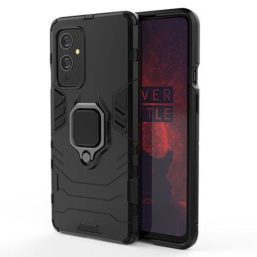 Silicone Matte Finish and Plastic Back Cover Case with Magnetic Finger Ring Stand for OnePlus 9 5G Black