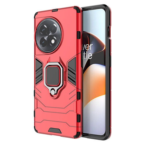 Silicone Matte Finish and Plastic Back Cover Case with Magnetic Finger Ring Stand for OnePlus Ace 2 Pro 5G Red