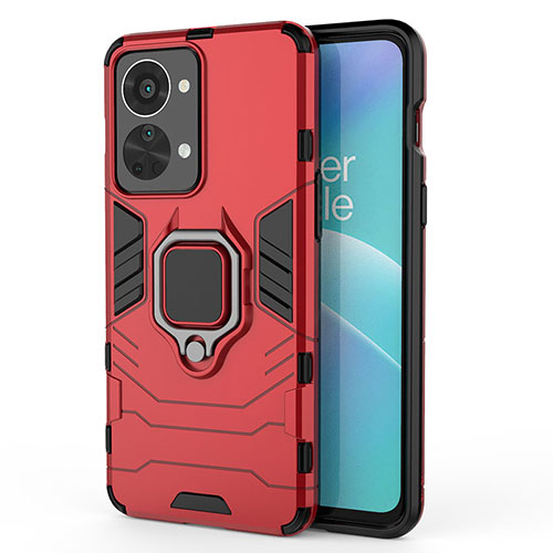 Silicone Matte Finish and Plastic Back Cover Case with Magnetic Finger Ring Stand for OnePlus Nord 2T 5G Red