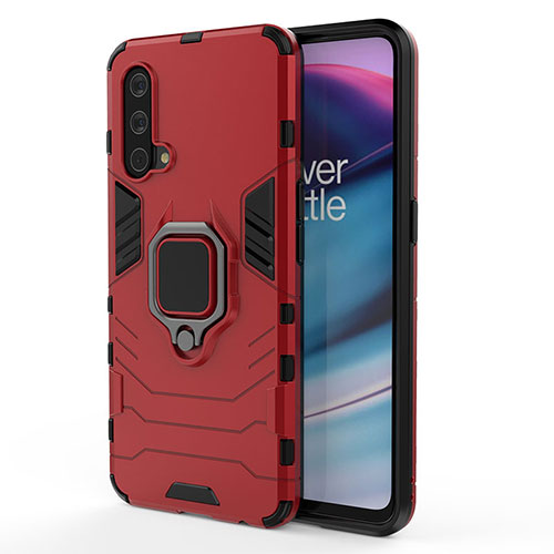 Silicone Matte Finish and Plastic Back Cover Case with Magnetic Finger Ring Stand for OnePlus Nord CE 5G Red