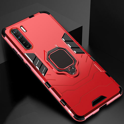 Silicone Matte Finish and Plastic Back Cover Case with Magnetic Finger Ring Stand for Oppo A91 Red