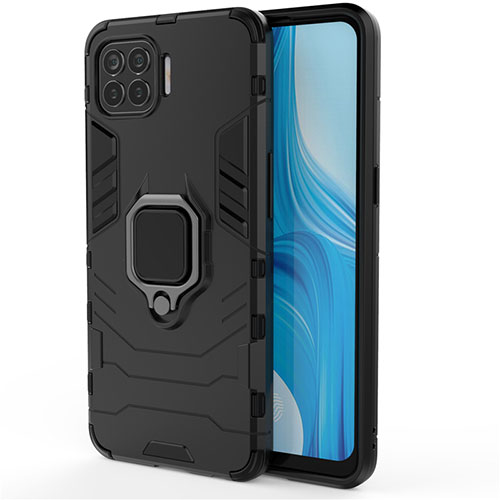 Silicone Matte Finish and Plastic Back Cover Case with Magnetic Finger Ring Stand for Oppo A93 Black