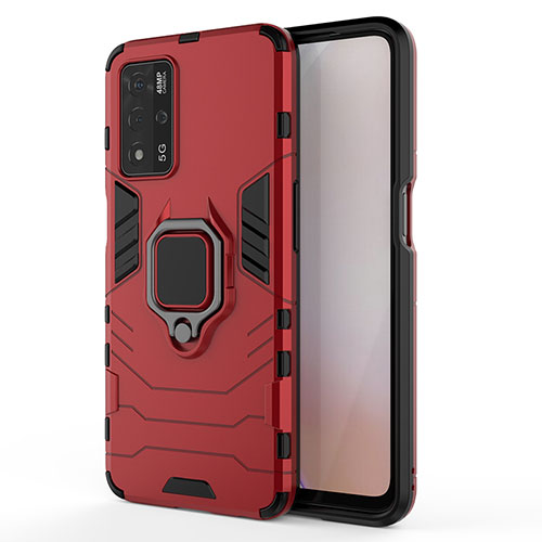 Silicone Matte Finish and Plastic Back Cover Case with Magnetic Finger Ring Stand for Oppo A93s 5G Red