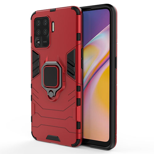 Silicone Matte Finish and Plastic Back Cover Case with Magnetic Finger Ring Stand for Oppo A94 4G Red