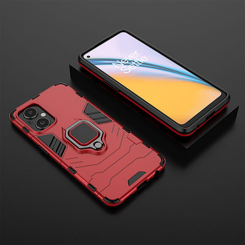 Silicone Matte Finish and Plastic Back Cover Case with Magnetic Finger Ring Stand for Oppo A96 5G Red